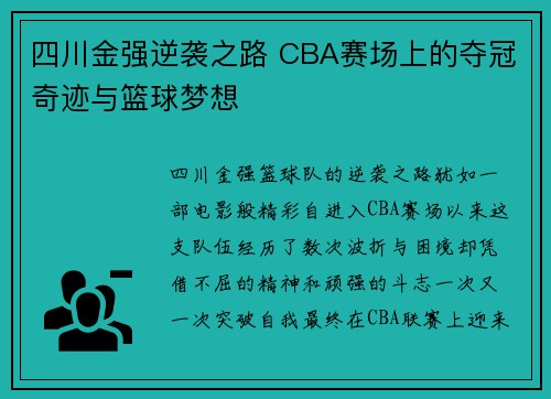 四川金强逆袭之路 CBA赛场上的夺冠奇迹与篮球梦想