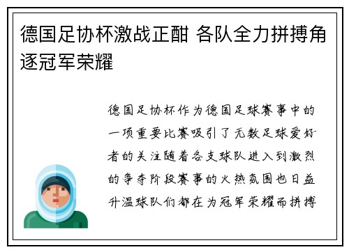 德国足协杯激战正酣 各队全力拼搏角逐冠军荣耀